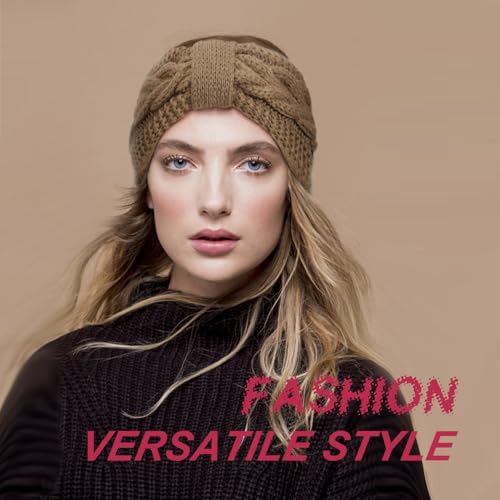 DRESHOW Winter Knit Headbands for Women - Fleece Lined Ear Warmers, Knot Style - Cream, Khaki, Dark Grey, Black