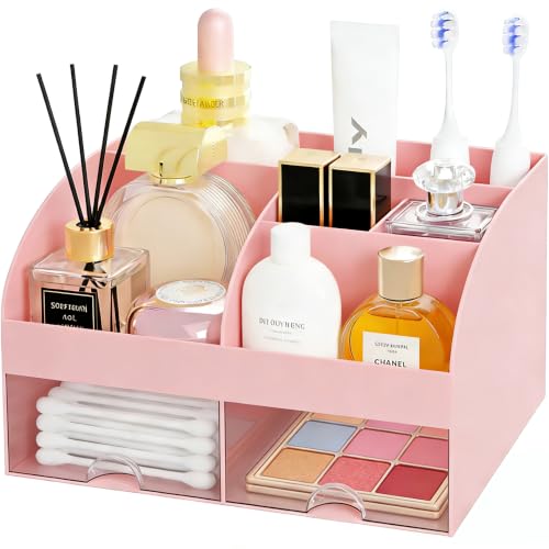 Pink Makeup Organizer with 2 Drawers, Cosmetic Storage for Vanity & Bathroom