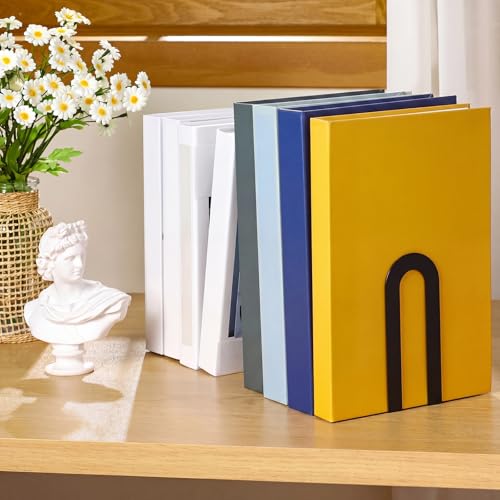 Minimalist Black Metal Bookends - 2 Pcs Geometric Design for Home Office