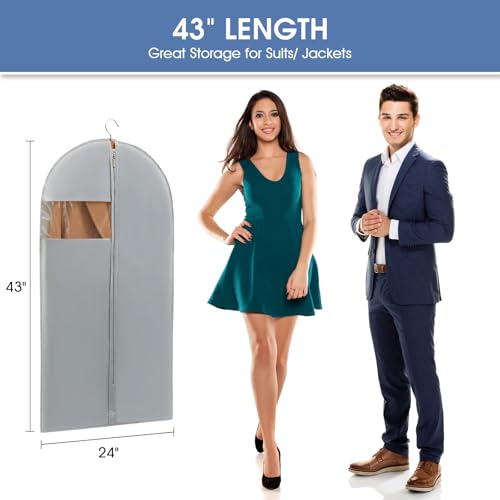 43" Hanging Garment Bags for Travel & Storage - 2 Pack Grey Suit Covers with Clear Window