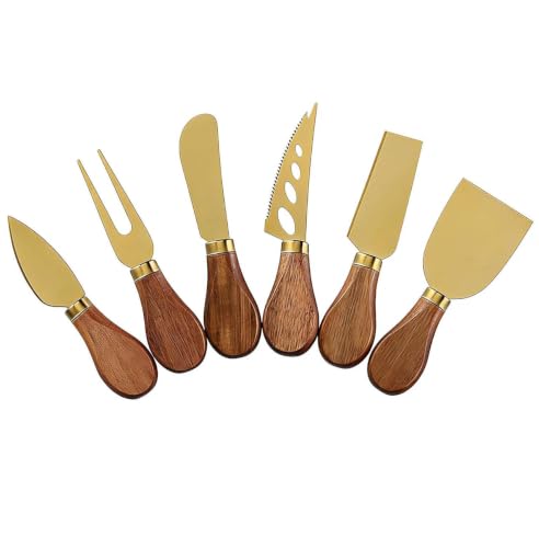 Gold Cheese Knife Set with Wooden Handles - 6-Piece Utensils