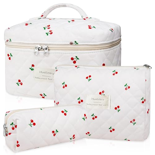 Cute Cherry Makeup Bag Set - 3 PCS Travel Toiletry Organizer (White-Cherry)