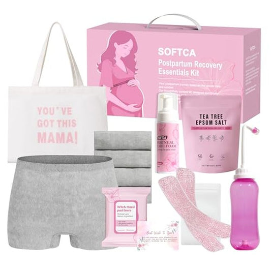 Postpartum Essentials Kit - Peri Bottle,Perineal Ice Packs,Perineal Healing Foam,Disposable Underwears,Cooling Pad Liners,Bath Salts,Canvas Bag,Card,Postpartum Gifts for Mom