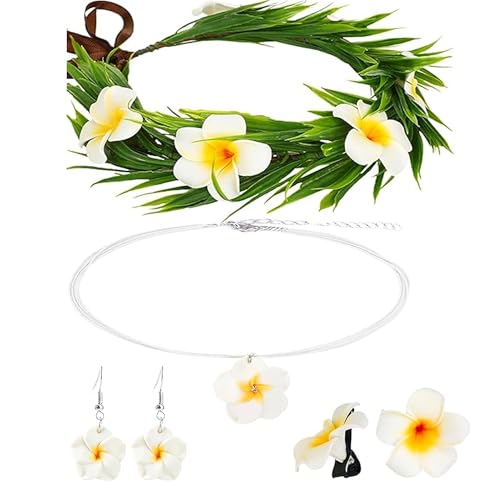 KorViSHOW White Hawaiian Flower Crown Accessories Set for Summer & Beach Parties