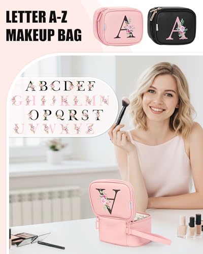 Relavel Pink Initial Makeup Bag with LED Mirror - Personalized & Portable