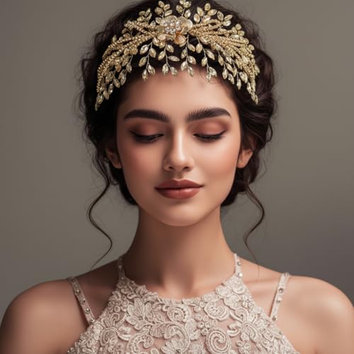 Champagne Rhinestone Bridal Headband - Floral Wedding Hair Accessory