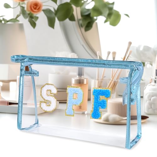 Blue Clear Preppy Makeup Bag with Chenille Letter Patch, Waterproof Travel Toiletry Organizer