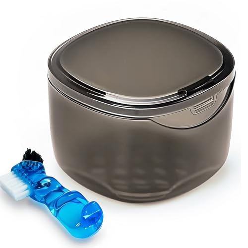 EZEELAI Transparent Black Denture Case – No-Leak Cleaning & Soaking Cup with Brush