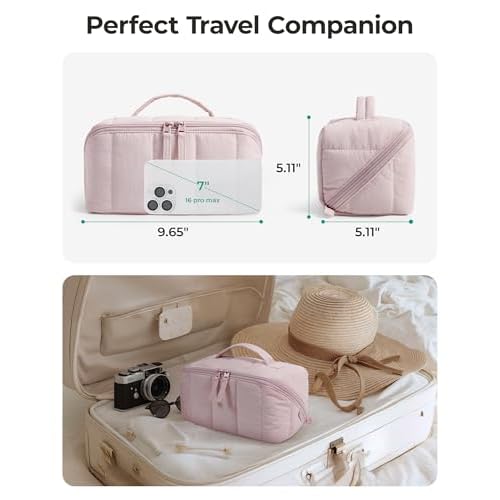 BAGSMART Travel Makeup Bag for Women, Portable Water-resistant Cosmetic Case, Puffy Padded Make Up Organizer Pouch, Open Flat Toiletry Bag for Toiletries, Brushes, Black