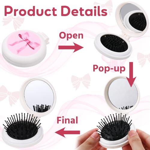 12 Pcs Pink Bow Folding Hair Brush with Mirror, Portable Travel Detangler