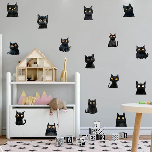 Watercolor Black Cat Wall Stickers - 15 Vinyl Decals for Kids Room