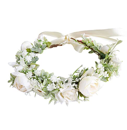 Women's White Floral Crown Headband - Adjustable Halo Headpiece F