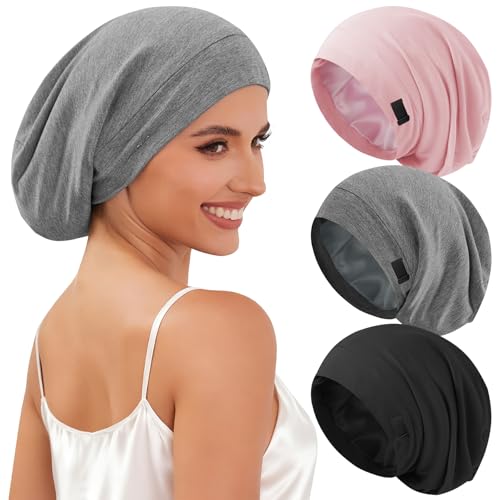 DEMAZALO Solid 3Pcs Silk Satin Bonnet for Sleeping Hair