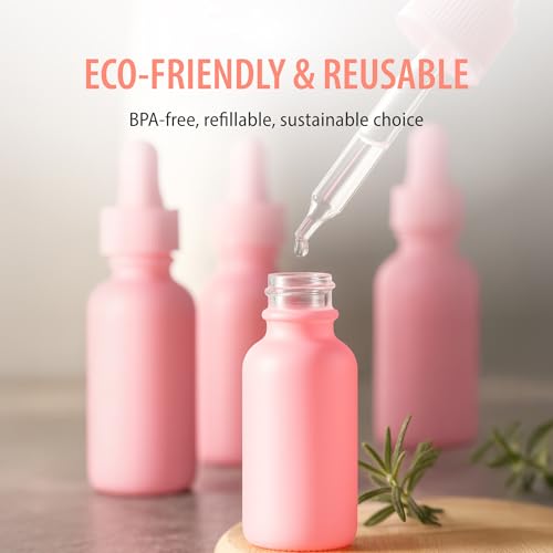 Focus Nutrition 12 Pink Glass Boston Round Dropper Bottles 1oz for Essential Oils & Aromatherapy