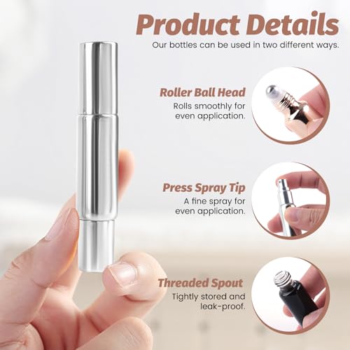 Plushly 6-Pack 10ml Travel Perfume Refillable Bottle with Dual Sprayer & Roller