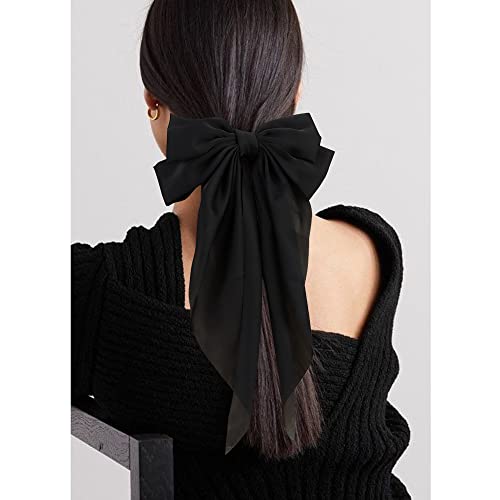 Atoden Large Silky Satin Hair Bows - Black & Beige 2Pcs Set