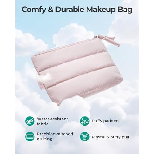 BAGSMART Small Makeup Bag, Puffy Portable Cosmetic Pouch with Charm Zipper, Water-Resistant Travel Organizer for Women (Baby Pink, Small)