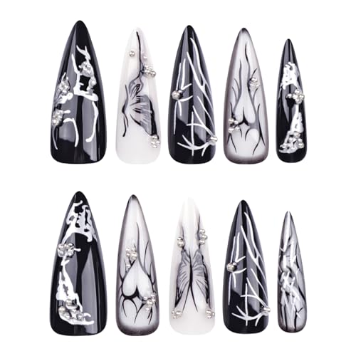 MISUD Long Stiletto Press-On Nails Black Butterfly Gothic Design 24 pcs - Variation 06103-01-01Black