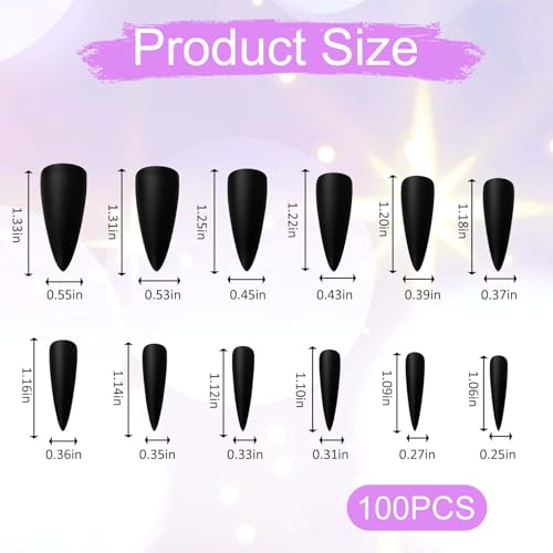 Black Stiletto Press-On Nails Set - 100 PCS, 10 Sizes Matte
