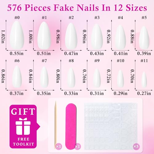 LuckForever White Medium Almond Fake Nails 240pc Press On Manicure