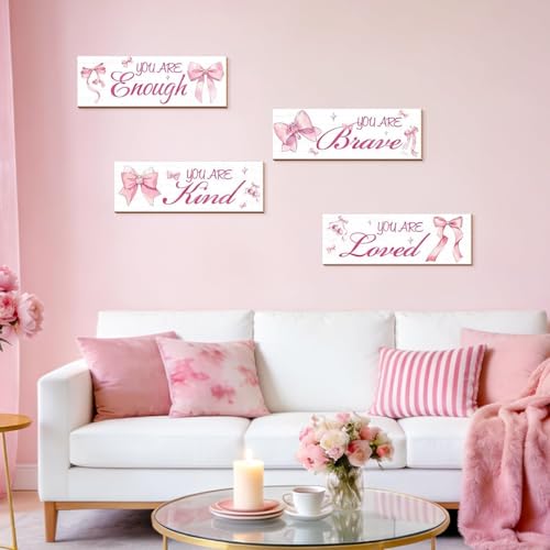 4-Piece Pink Bow Wall Decor Set with Positive Affirmations