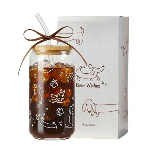 Dachshund Glass Tumbler with Lid & Straw - 16oz Coffee Cup Gift