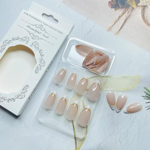 Short Almond Press On Nails - White French Tip with Gold Line