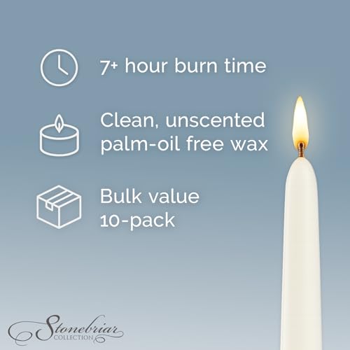 Stonebriar 10" Unscented Taper Candles - Pack of 10, 7 Hour Burn