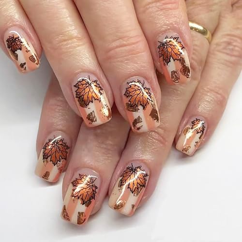 Fall Maple Leaf Press On Nails - Short Square 24-Pc Set with Nail Glue & File