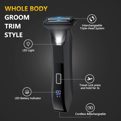 Manscape 3-in-1 Body Trimmer for Men, Groin, Pubic & Ball Hair Shaver No-Nick, Nose Hair Trimmer, Body Groomer for Smooth Shaving, Lightweight with Travel Lock, LED Display, IPX7 Waterproof, Gift Men