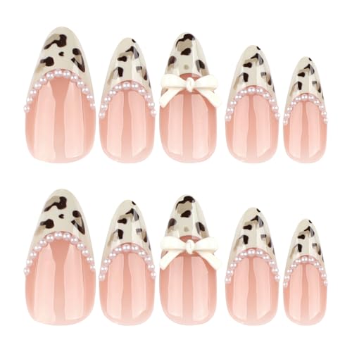 Medium Almond French Tip Press-On Nails with Leopard Print & Bow