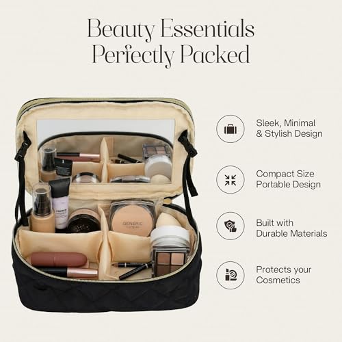 aura'vi Travel Makeup Bag with Mirror - Medium Black Cosmetic Organizer