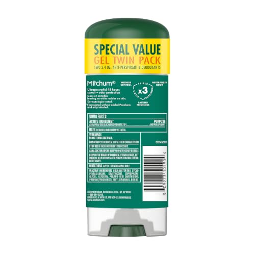 Mitchum Men’s Unscented Antiperspirant Gel 3.4oz Pack of 2 – 48HR Odor & Sweat Protection