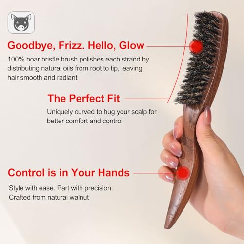 PERFEHAIR Boar Bristle Smoothing Brush for Men & Women - 9" Walnut Handle