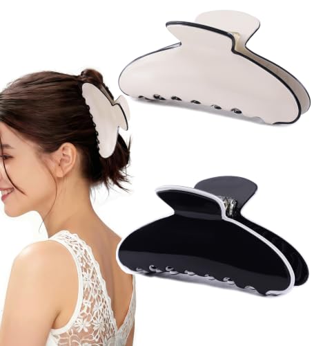 Eyegla 2 Pack Large Acetate Hair Claw Clips for Women - White-Black Contrast, 4 Inch