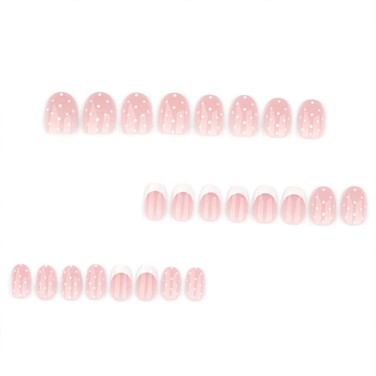 LRKNNO Polka Dot Press on Nails Short Almond Fake Nails White French Tip False Nails with Nude Pink Design Glossy Reusable Glue on Nails Cute Full Cover Acrylic Nails for Women Manicure 24Pcs