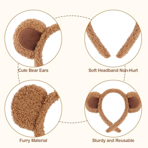 3 Pack Furry Bear Ears Headbands for Adults - Halloween Costume & Party Accessory