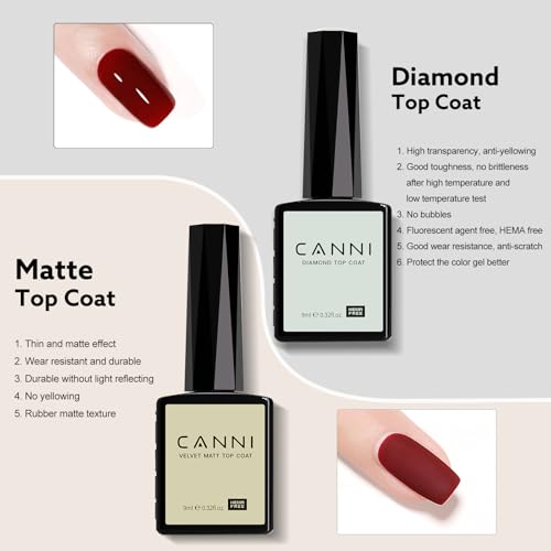 CANNI 2PCS Matte & Glossy Gel Top Coat Set - 9ml No Wipe