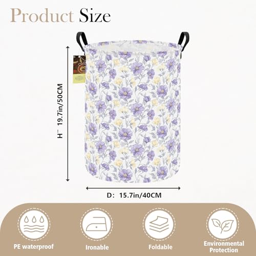 Collapsible Round Storage Basket with Handles - Purple Flower
