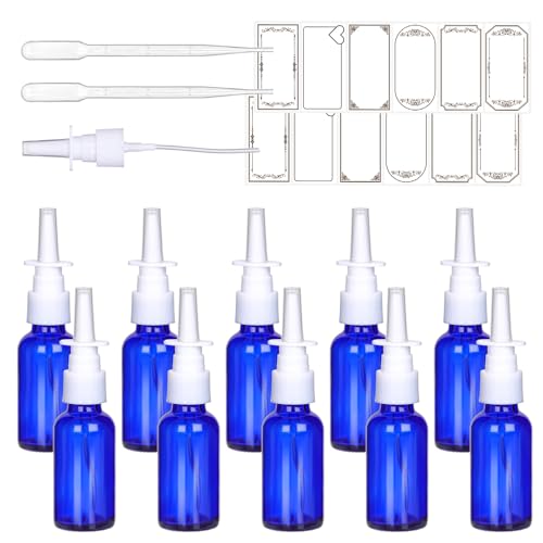 10 Pack Blue Glass Nasal Spray Bottles - Refillable 1 oz Sprayers