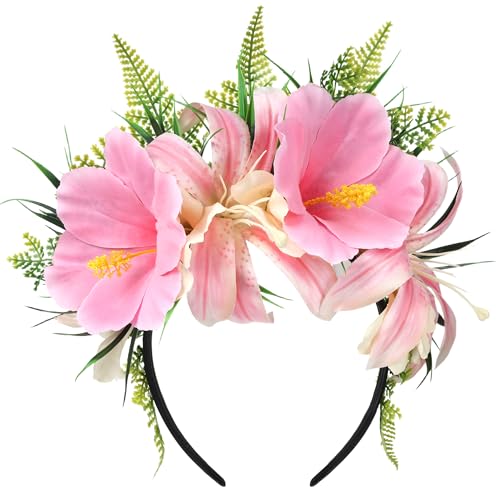 Pink Hawaiian Flower Crown Headband - Tropical Hibiscus Party Accessory