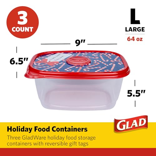 Glad Holiday Food Storage Containers, 64 Oz, 3 Ct - BPA-Free