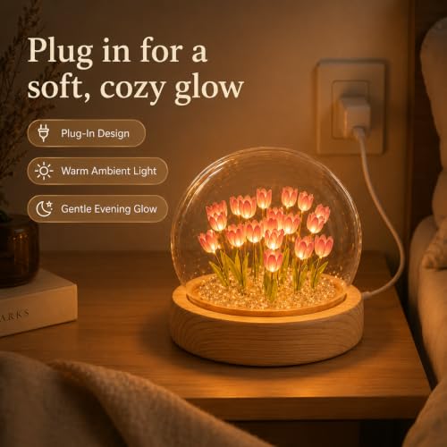 USB Powered LED Tulip Night Light with Glass Dome & Wooden Base