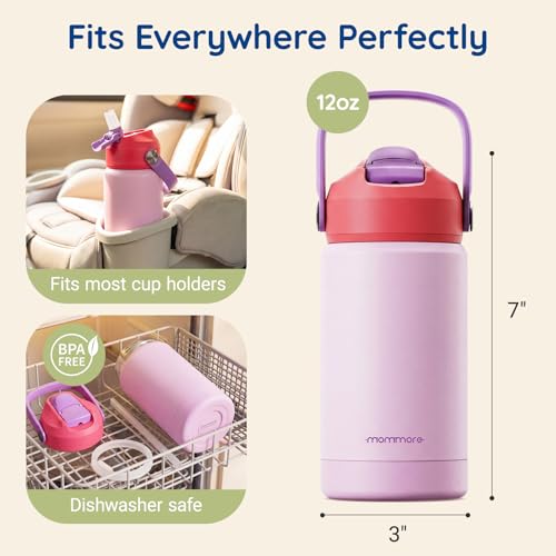 Mommore 12oz Kids Insulated Water Bottle with Straw Lid - Leakproof & Durable