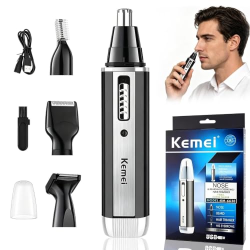 KEMEI 4-in-1 Nose Ear & Facial Hair Trimmer, USB Rechargeable, Painless & Detachable Heads