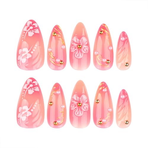 Autumn Flower Press-On Nails with Rhinestones & Gold Line Design - Medium Almond Fake Nails for Manicure, 24Pcs