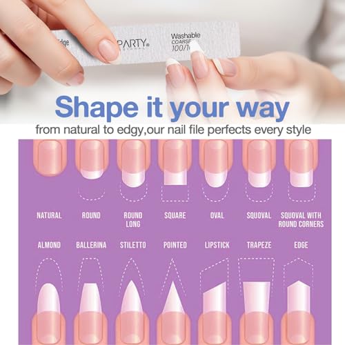 GEL PARTY 100/100 Grit Square Nail Files - 25 Pack Washable Emery Boards