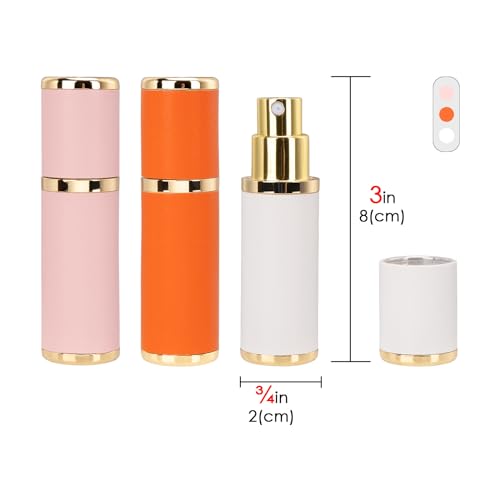 LUEXBOX 3 Pack Mini Refillable Perfume Bottles - Travel Atomizers in White, Pink & Orange
