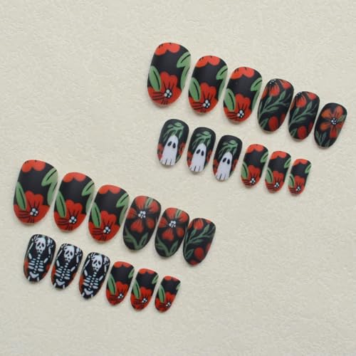 Halloween Press On Nails Short Oval Fake Nails with Skull and Ghost Designs - 24 Pack
