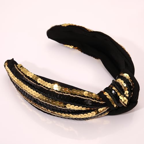 Game Day Knotted Headband Black Gold Sequin Seedbead Wide Top Knot Sports Fan Accessory